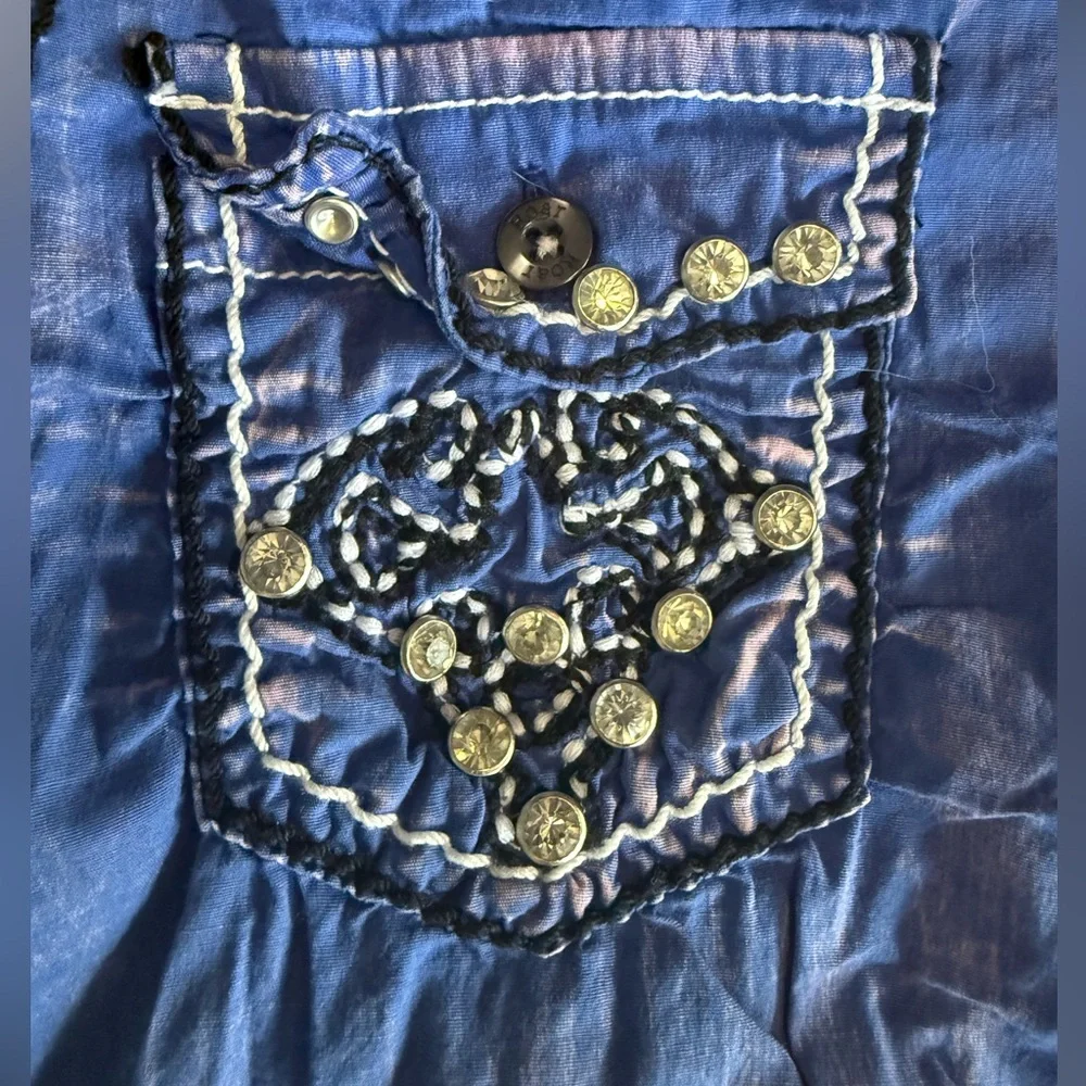391 Roar Western Cowboy Top Blue Purple Embroidered Gem Shirt Large - Picture 4 of 9